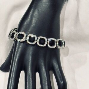 Boutique Black & Clear VVS CZ Halo Tennis Bracelet Rhodium Stainless Steel 7.5in